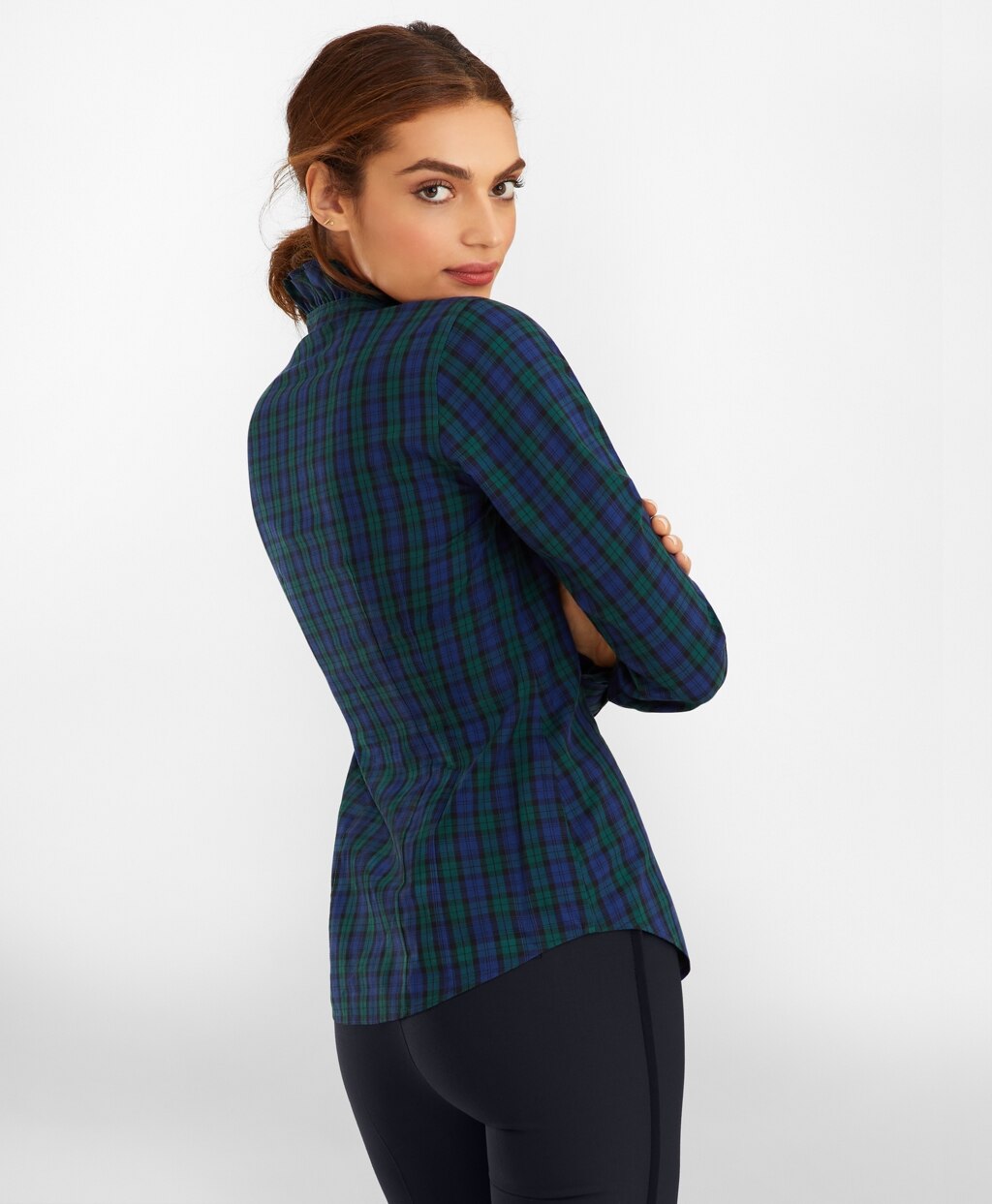 Brooks Brothers Women Petite Non-Iron Black Watch Tartan Supima® Cotton-Blend Ruffle-Collar Blouse