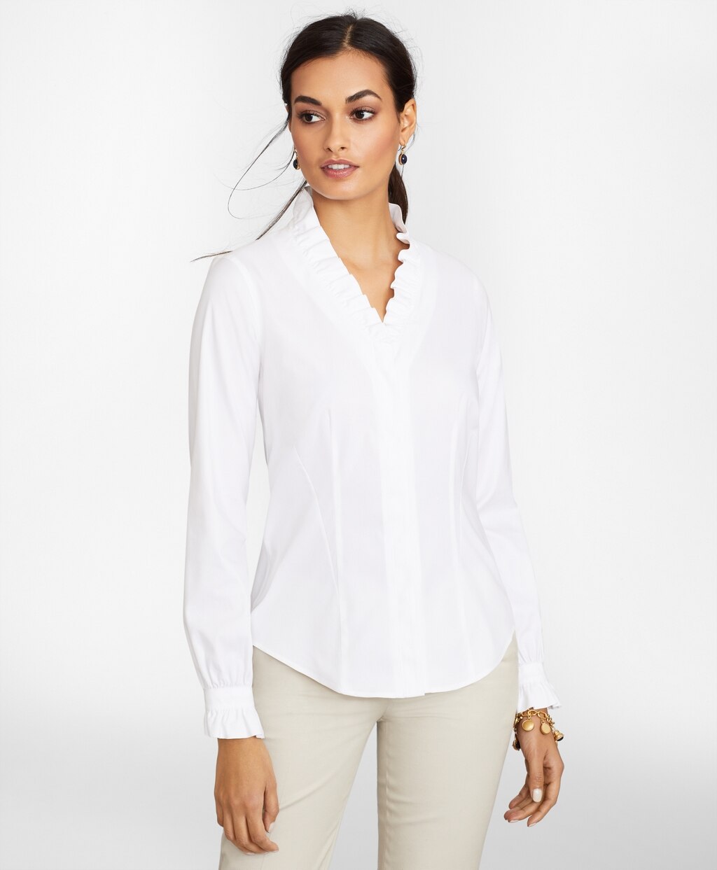 Brooks Brothers Women Petite Non-Iron Stretch Supima® Cotton Ruffle Pinpoint Oxford Dress Shirt