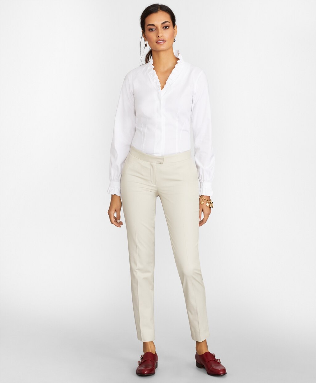 Brooks Brothers Women Petite Non-Iron Stretch Supima® Cotton Ruffle Pinpoint Oxford Dress Shirt