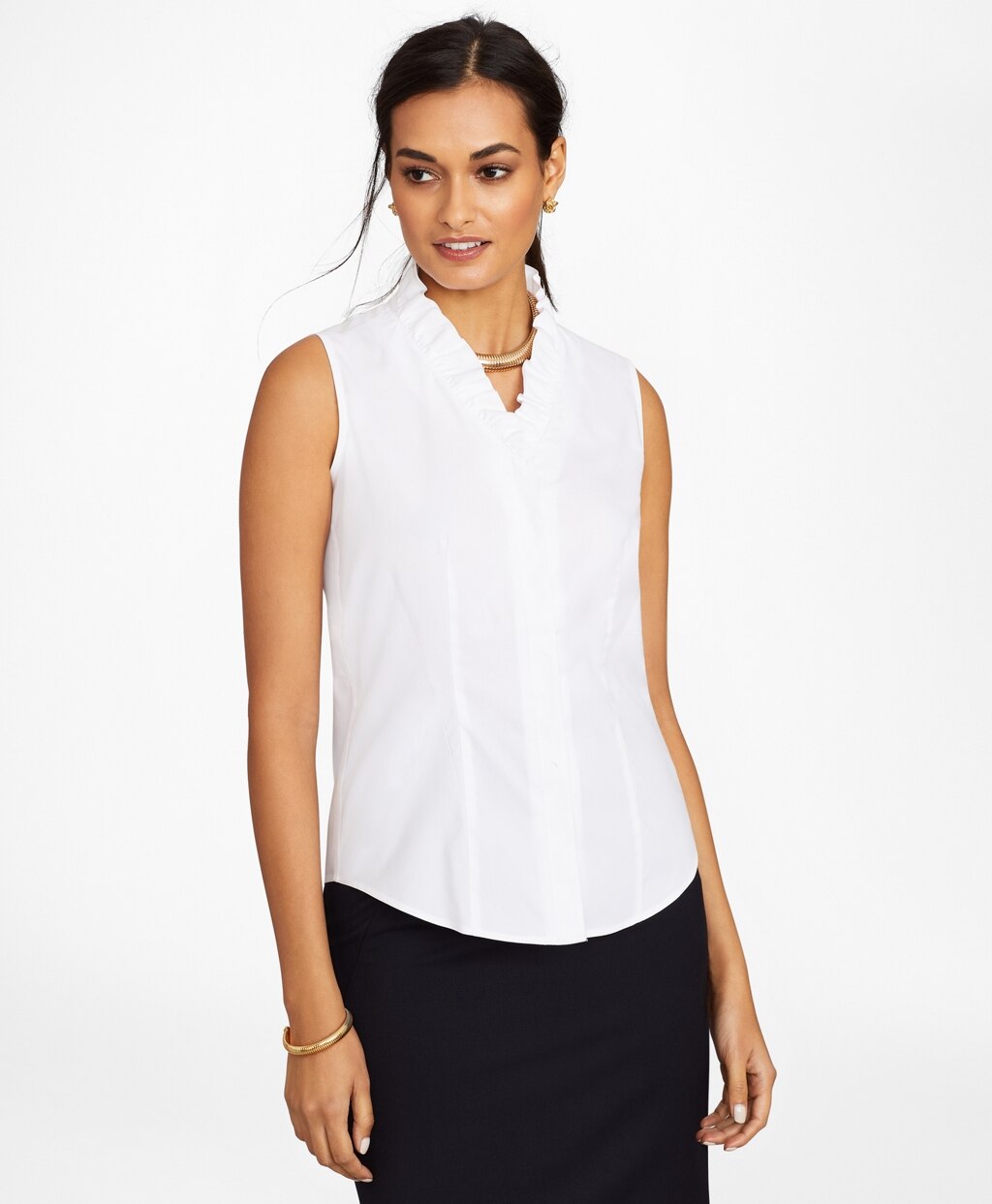 Brooks Brothers Women Petite Non-Iron Stretch Supima® Cotton Sleeveless Ruffled Blouse