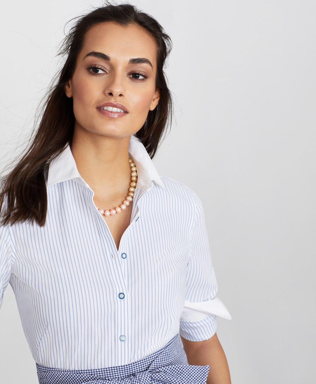 Brooks Brothers Women Petite Non-Iron Striped Supima® Cotton Dobby Contrast-Collar Fitted Shirt