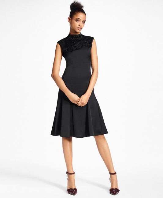 Brooks Brothers Women Petite Beaded Satin A-Line Dress