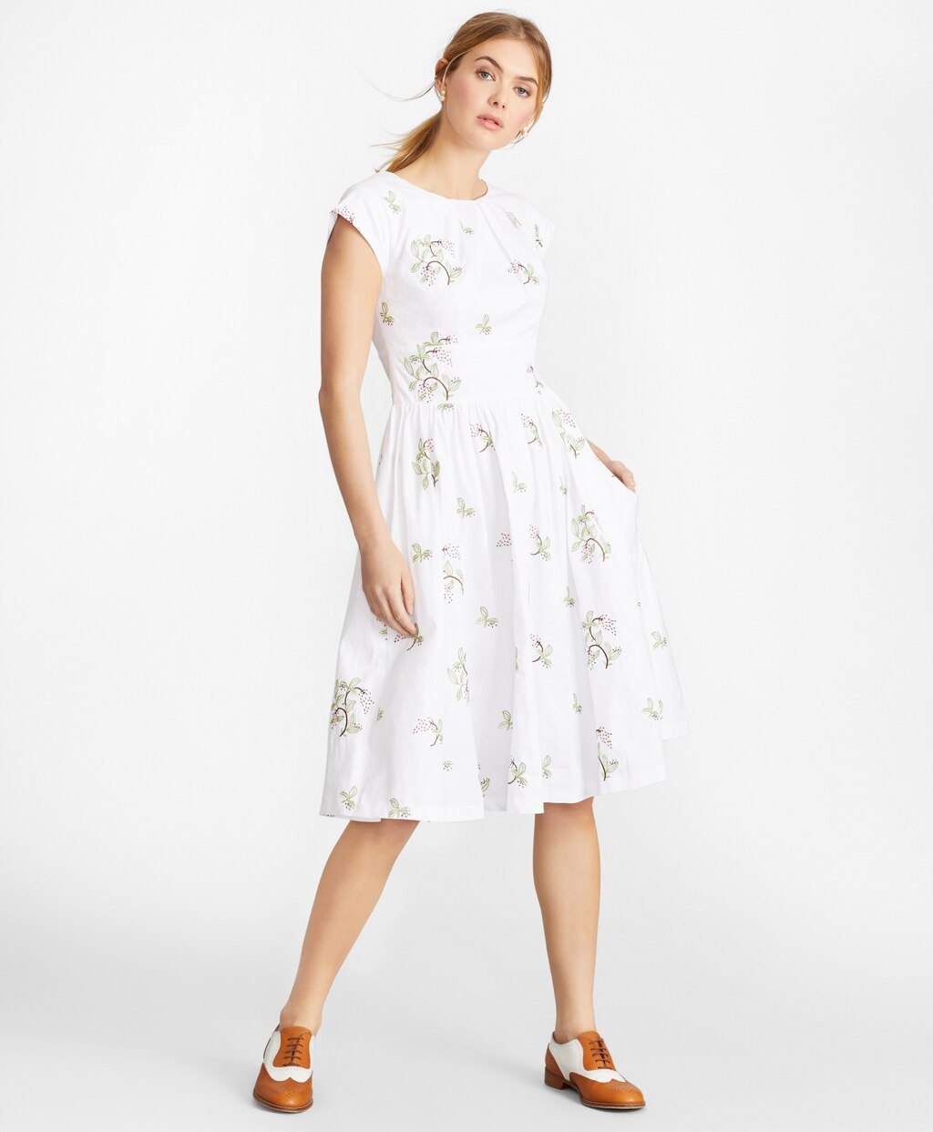 Brooks Brothers Women Petite Floral-Embroidered Plaid Jacquard Cotton Dress