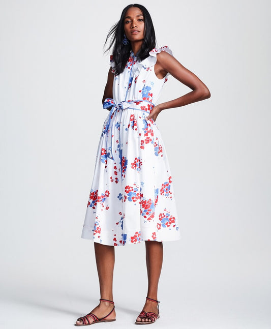 Brooks Brothers Women Petite Floral-Print Supima® Cotton Sateen Flutter-Sleeve Shirt Dress