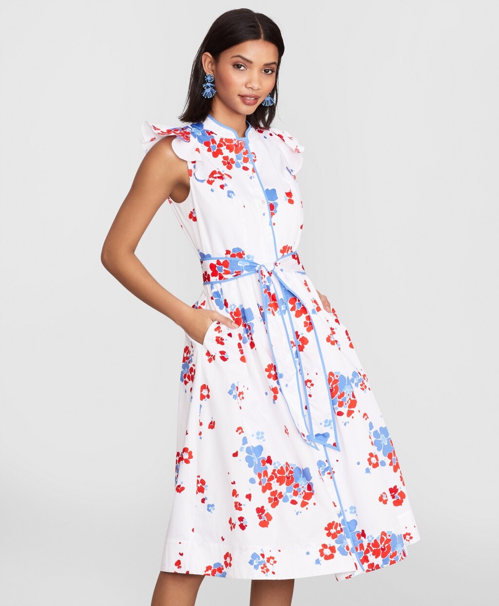 Brooks Brothers Women Petite Floral-Print Supima® Cotton Sateen Flutter-Sleeve Shirt Dress