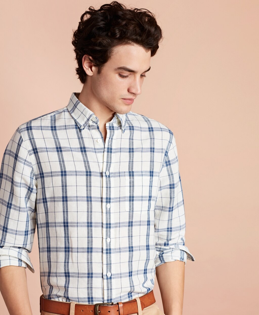 Brooks Brothers Men Plaid Linen-Blend Sport Shirt