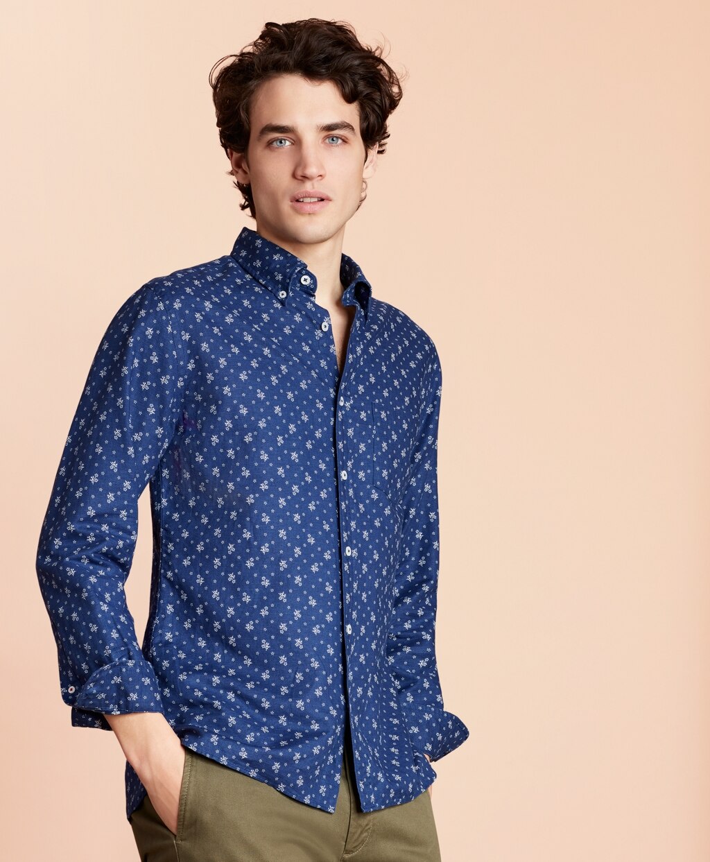 Brooks Brothers Men Floral Linen-Blend Sport Shirt