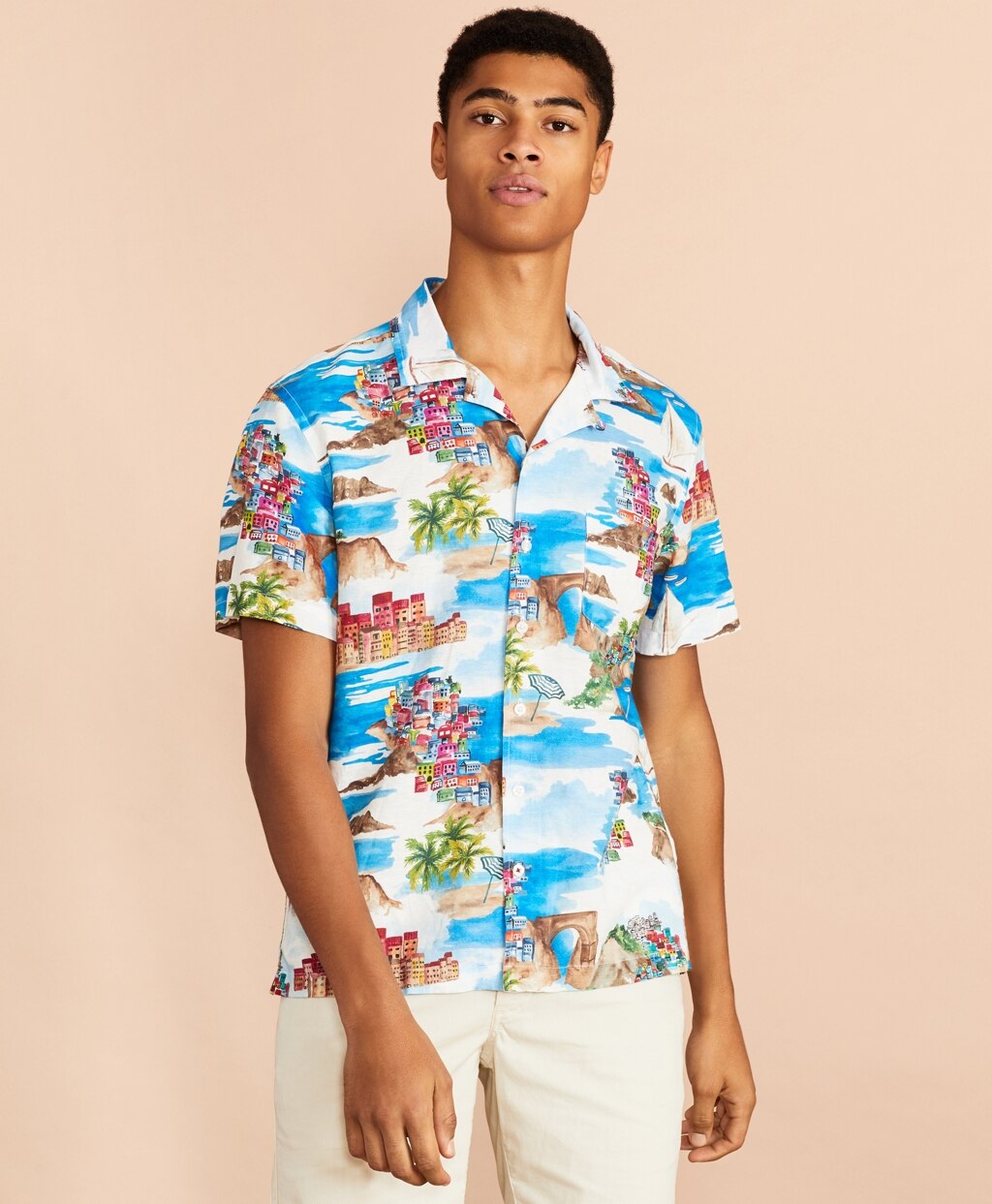 Brooks Brothers Men Coastal-Print Linen-Cotton Camp Collar Short-Sleeve Shirt