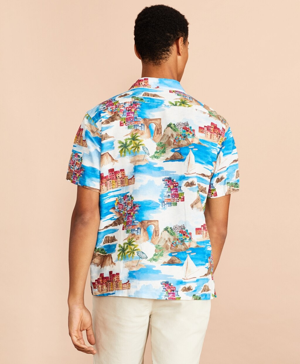Brooks Brothers Men Coastal-Print Linen-Cotton Camp Collar Short-Sleeve Shirt