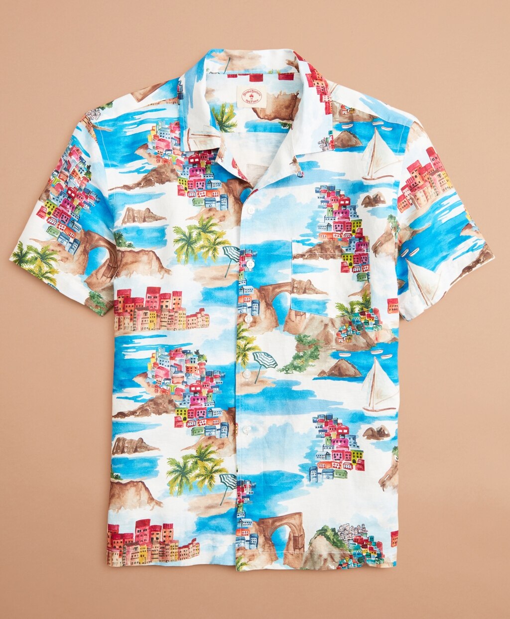 Brooks Brothers Men Coastal-Print Linen-Cotton Camp Collar Short-Sleeve Shirt