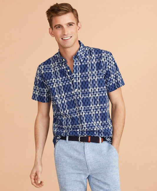 Brooks Brothers Men Seahorse-Print Madras Popover Shirt Short-Sleeve