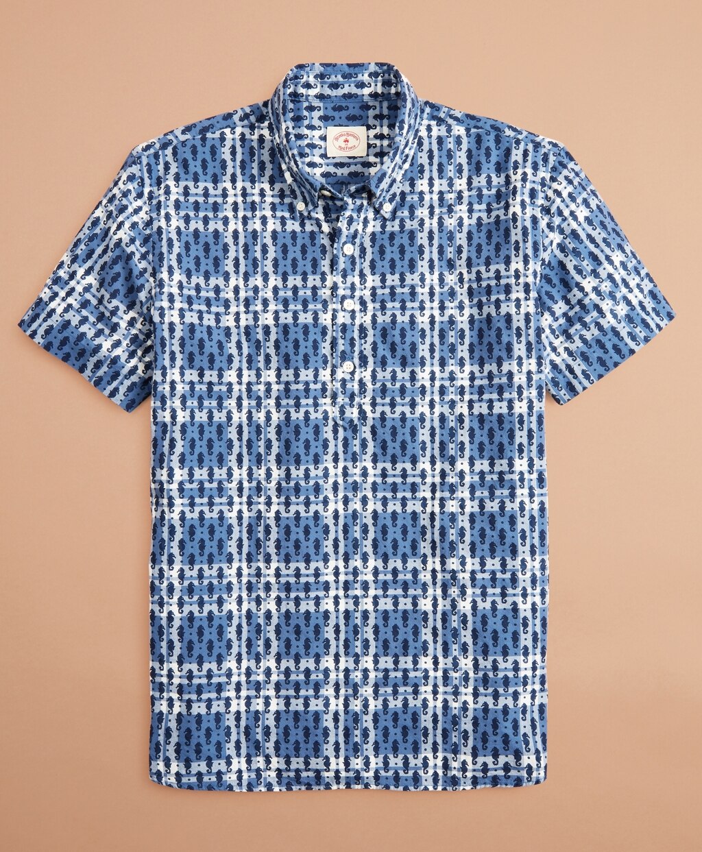 Brooks Brothers Men Seahorse-Print Madras Popover Shirt Short-Sleeve