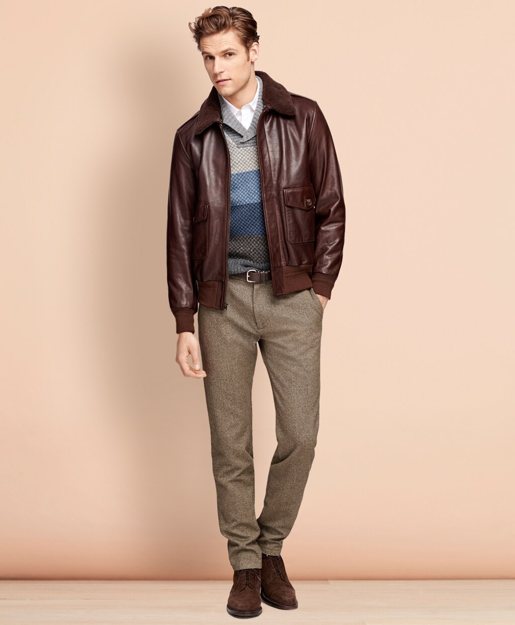 Brooks Brothers Men Leather Bomber Jacket