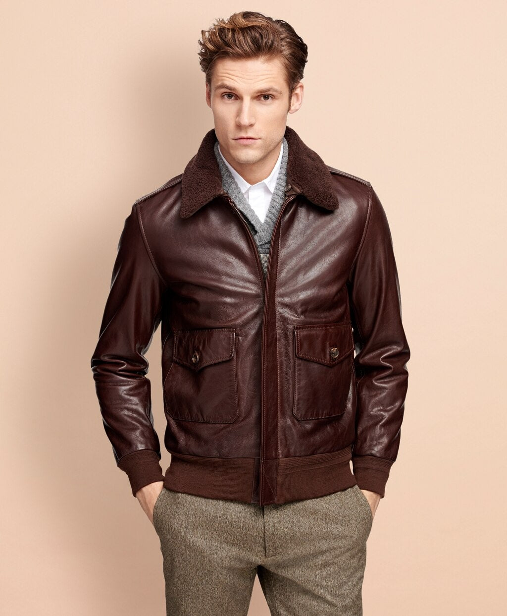Brooks Brothers Men Leather Bomber Jacket