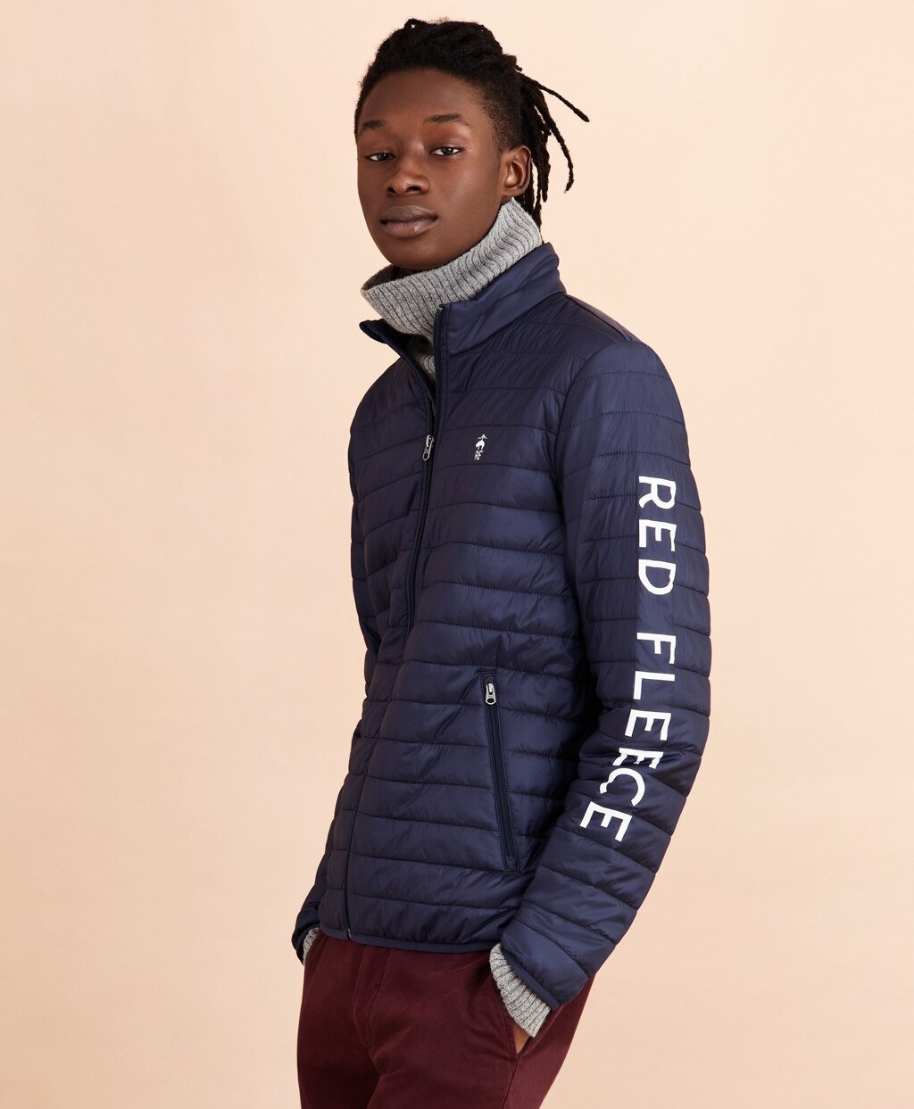 Brooks Brothers Men Water-Resistant Red Fleece Puffer Jacket