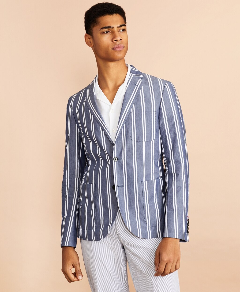 Brooks Brothers Men Striped Cotton Chambray Sport Coat
