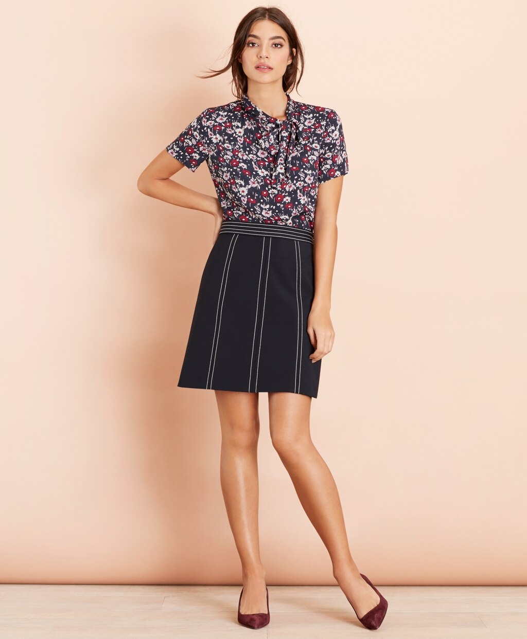 Brooks Brothers Women Topstitched Wool-Blend Crepe A-Line Skirt