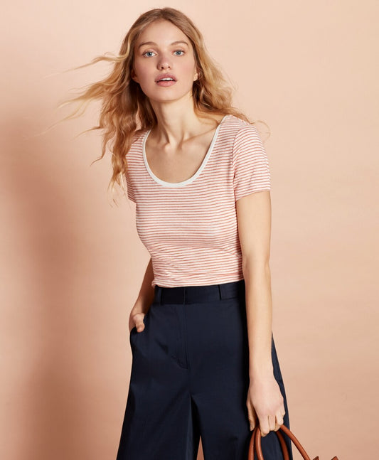Brooks Brothers Women Striped Linen-Blend Scoop-Neck T-Shirt