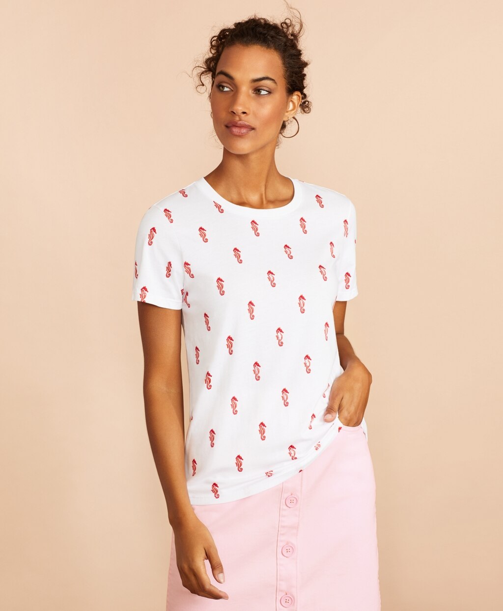 Brooks Brothers Women Sequined Seahorse-Print Cotton T-Shirt