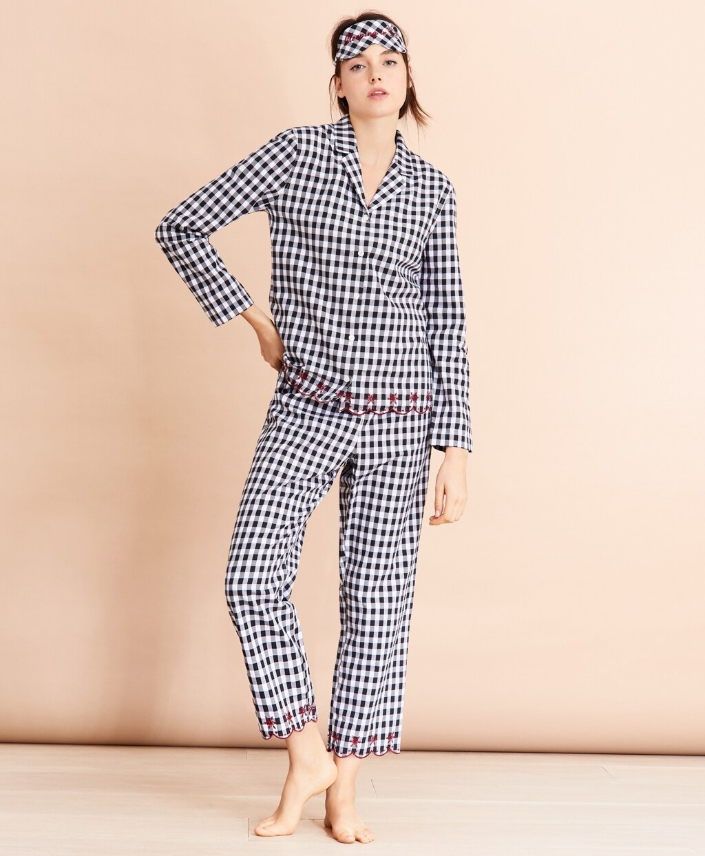 Brooks Brothers Women Scalloped Gingham Cotton Pajama & Eye-Mask Set