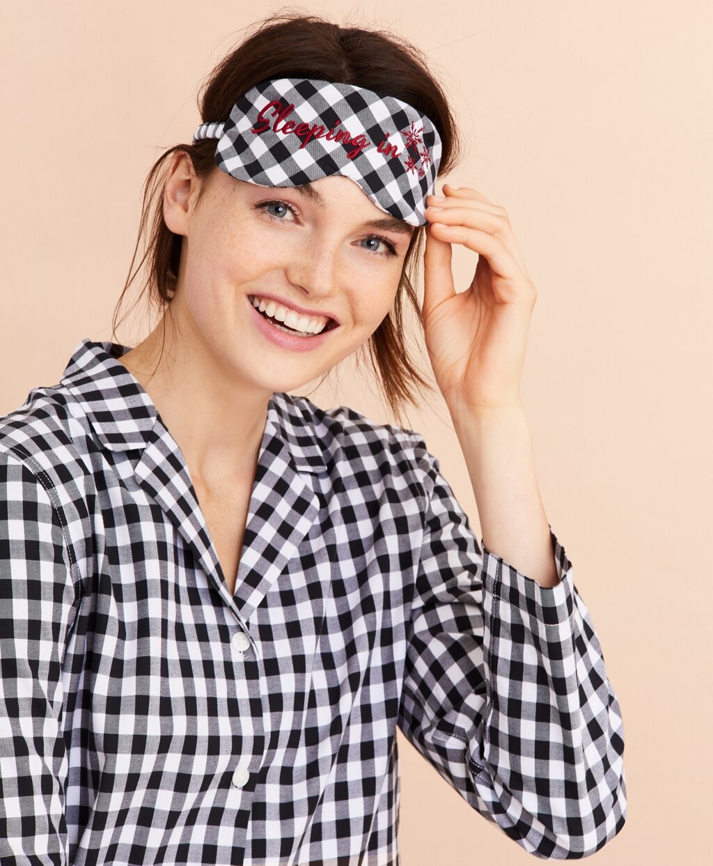Brooks Brothers Women Scalloped Gingham Cotton Pajama & Eye-Mask Set