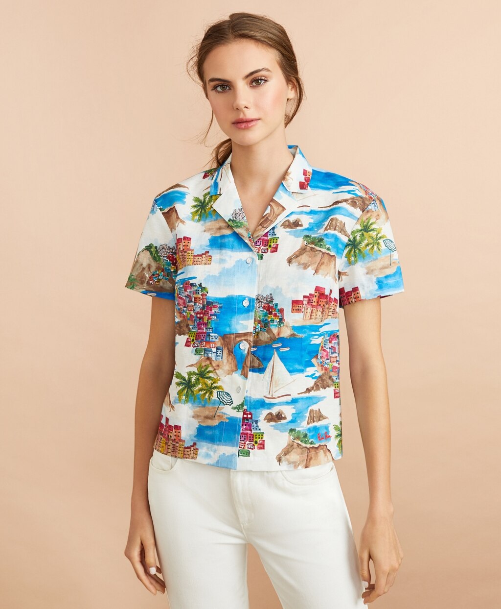 Brooks Brothers Women Costal-Print Linen-Cotton Camp Shirt