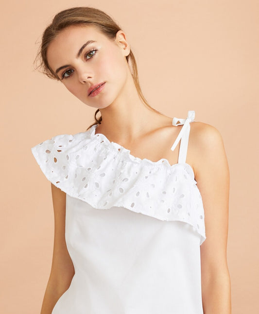 Brooks Brothers Women Eyelet Ruffle-Trim One-Shoulder Top