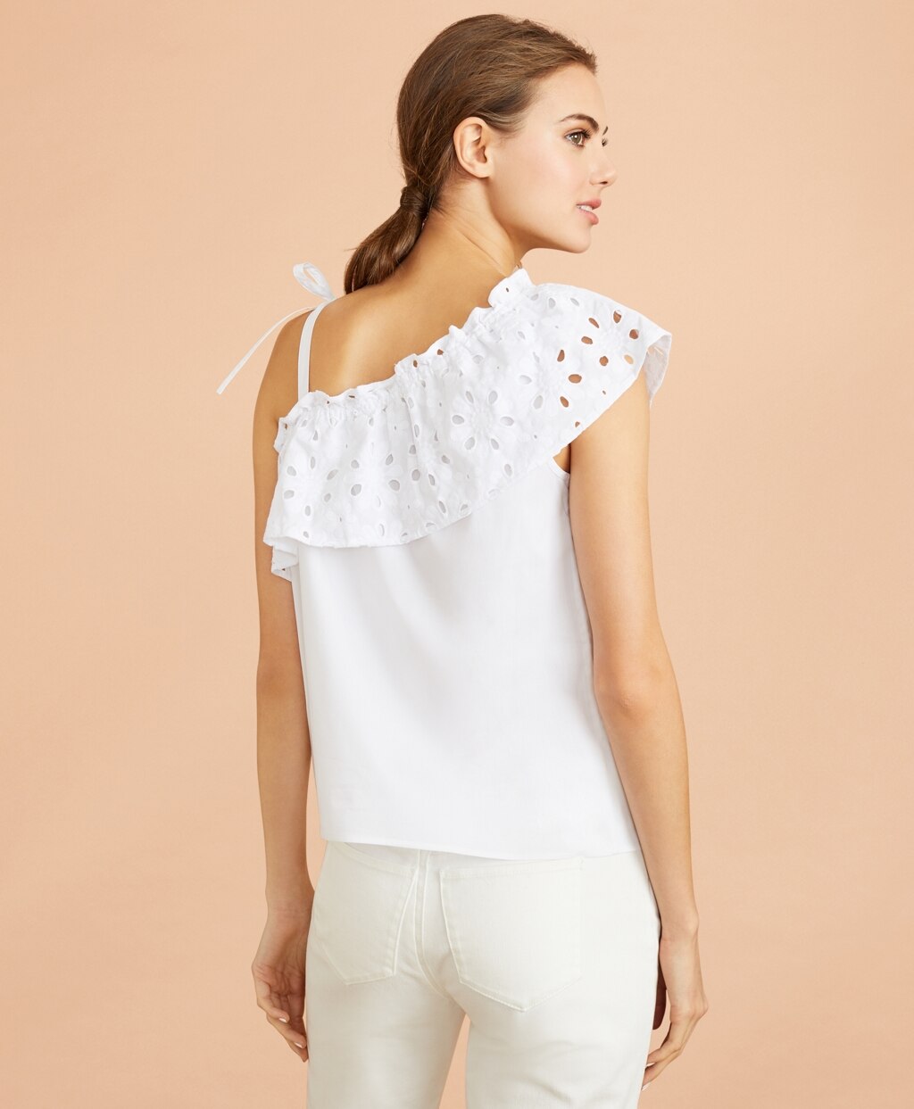 Brooks Brothers Women Eyelet Ruffle-Trim One-Shoulder Top