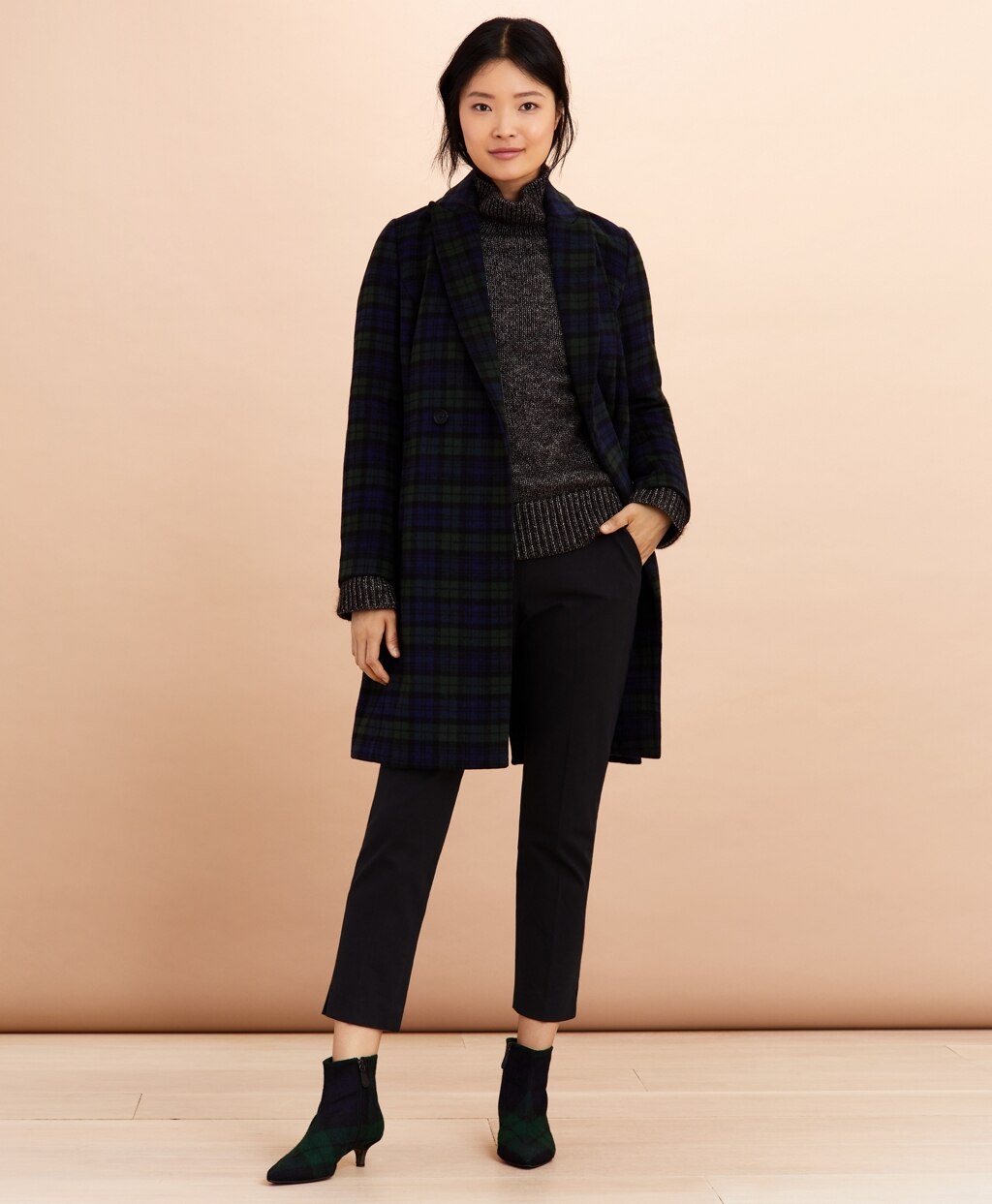 Brooks Brothers Women Black Watch Tartan Wool-Blend Double-Breasted Coat