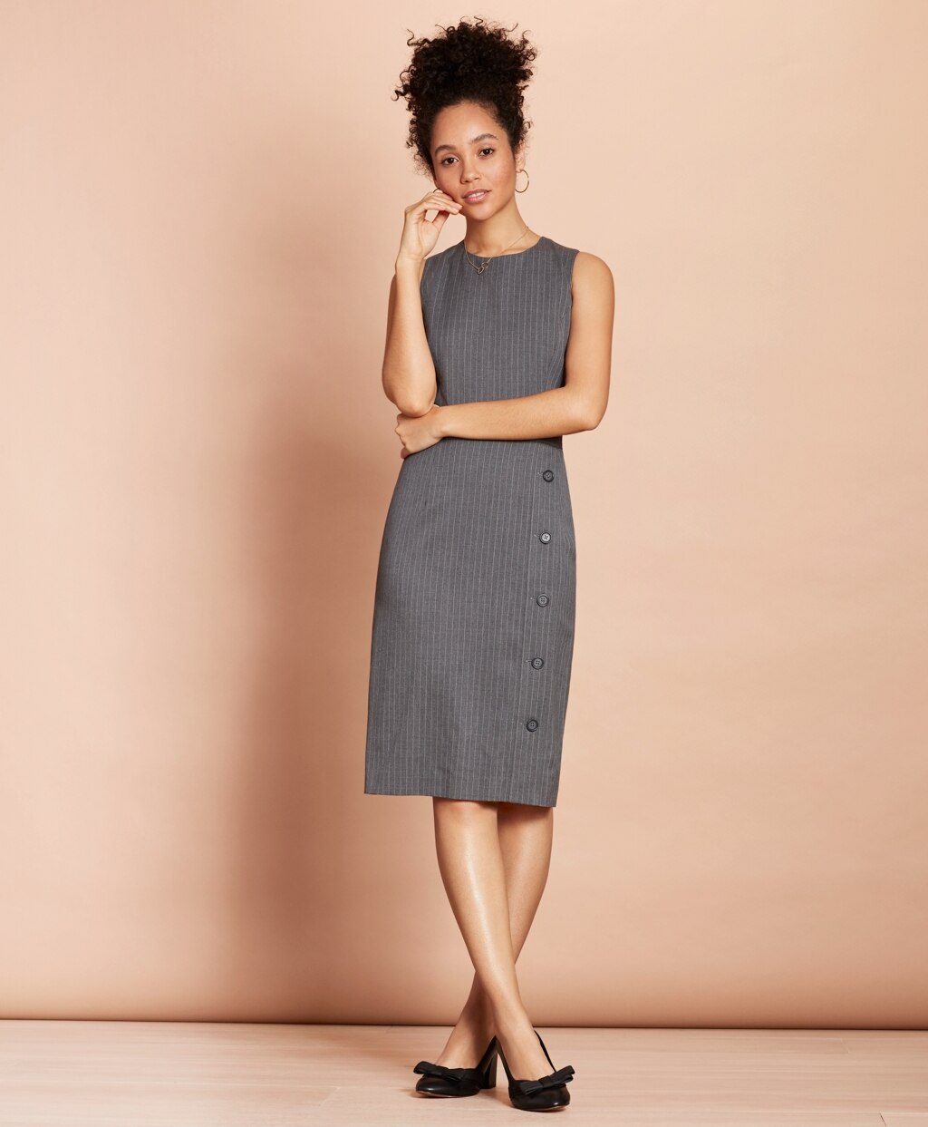 Brooks Brothers Women Pinstripe Stretch-Wool Button-Slit Sheath Dress