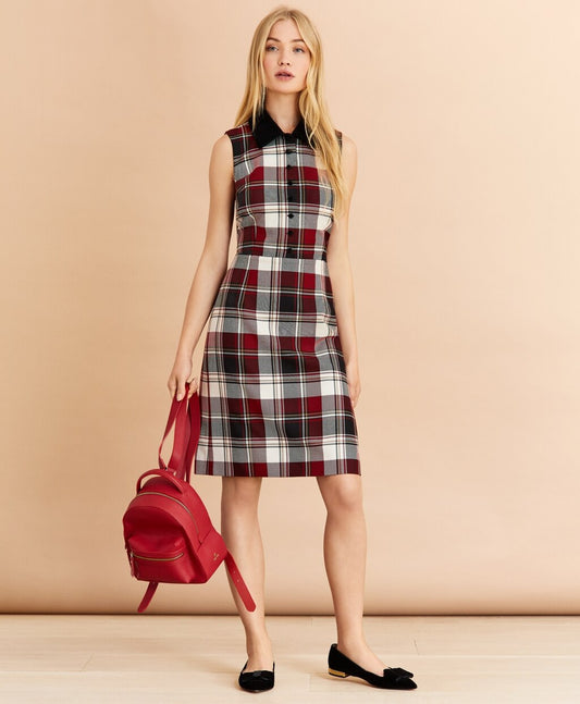 Brooks Brothers Women Velvet-Trimmed Plaid Wool-Blend Shirt Dress