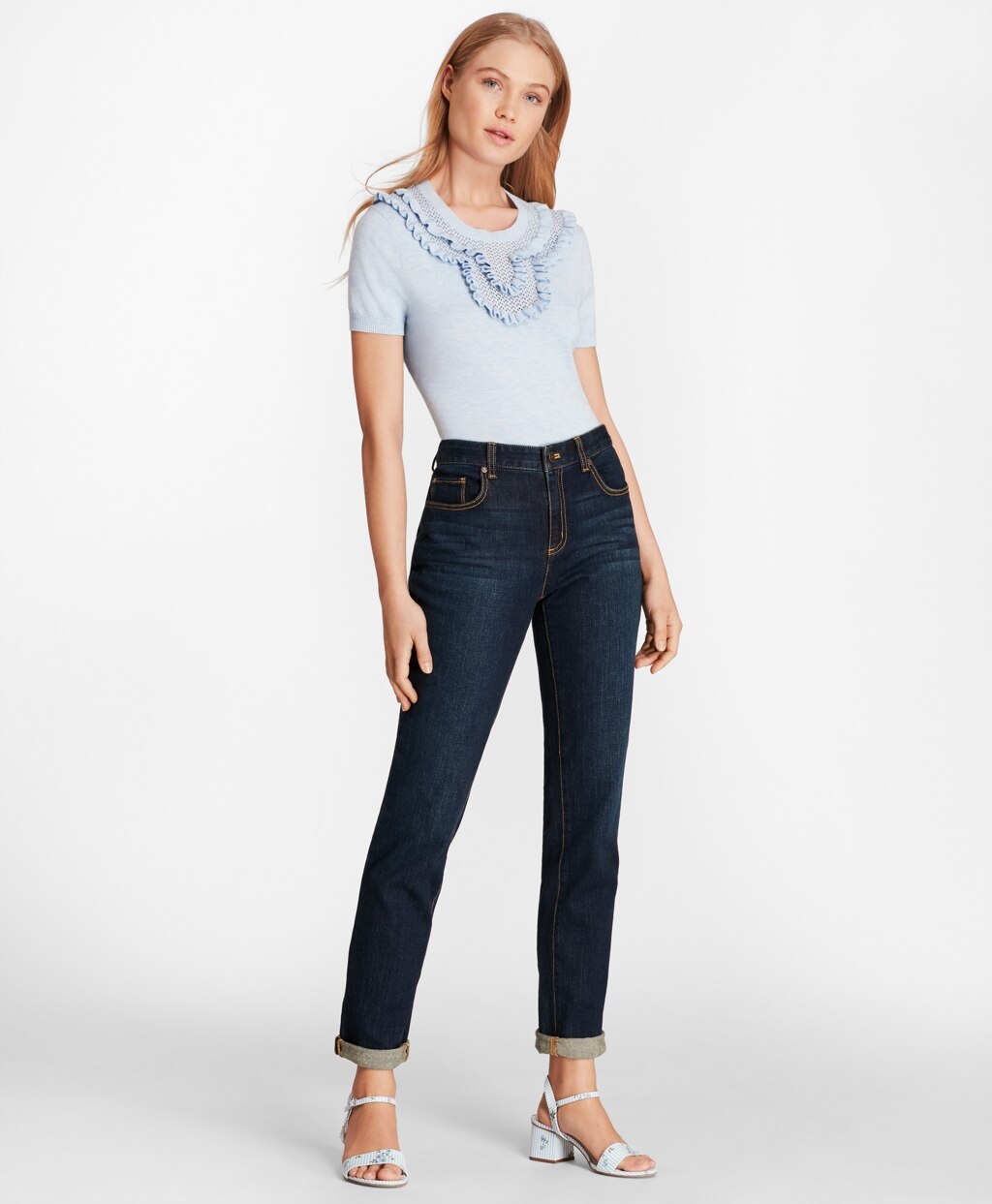 Brooks Brothers Women Ruffled Pointelle-Yoke Sweater
