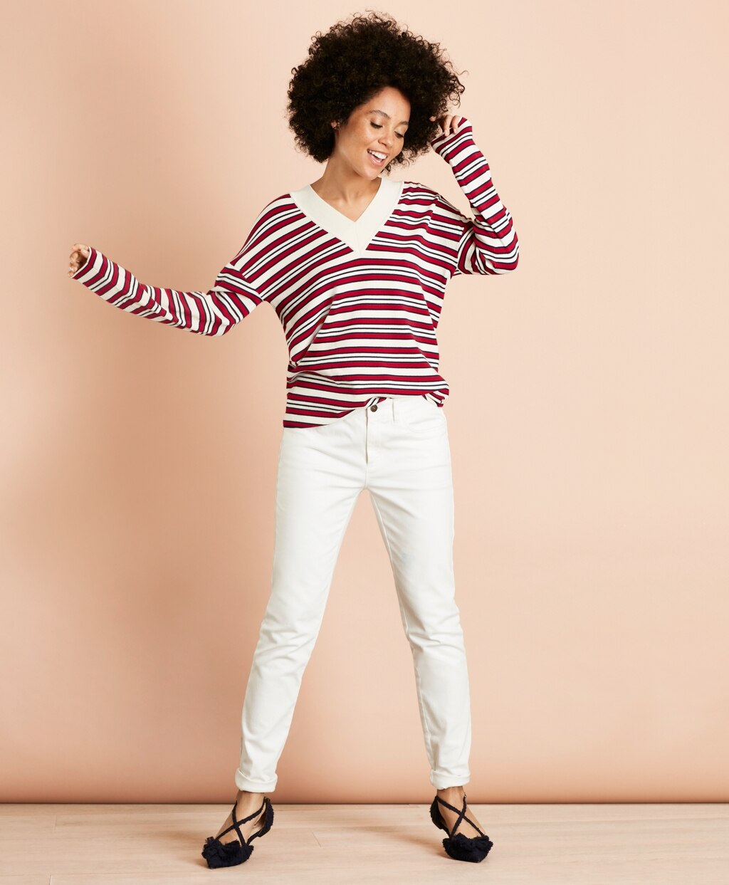 Brooks Brothers Women Striped V-Neck Oversized Sweater