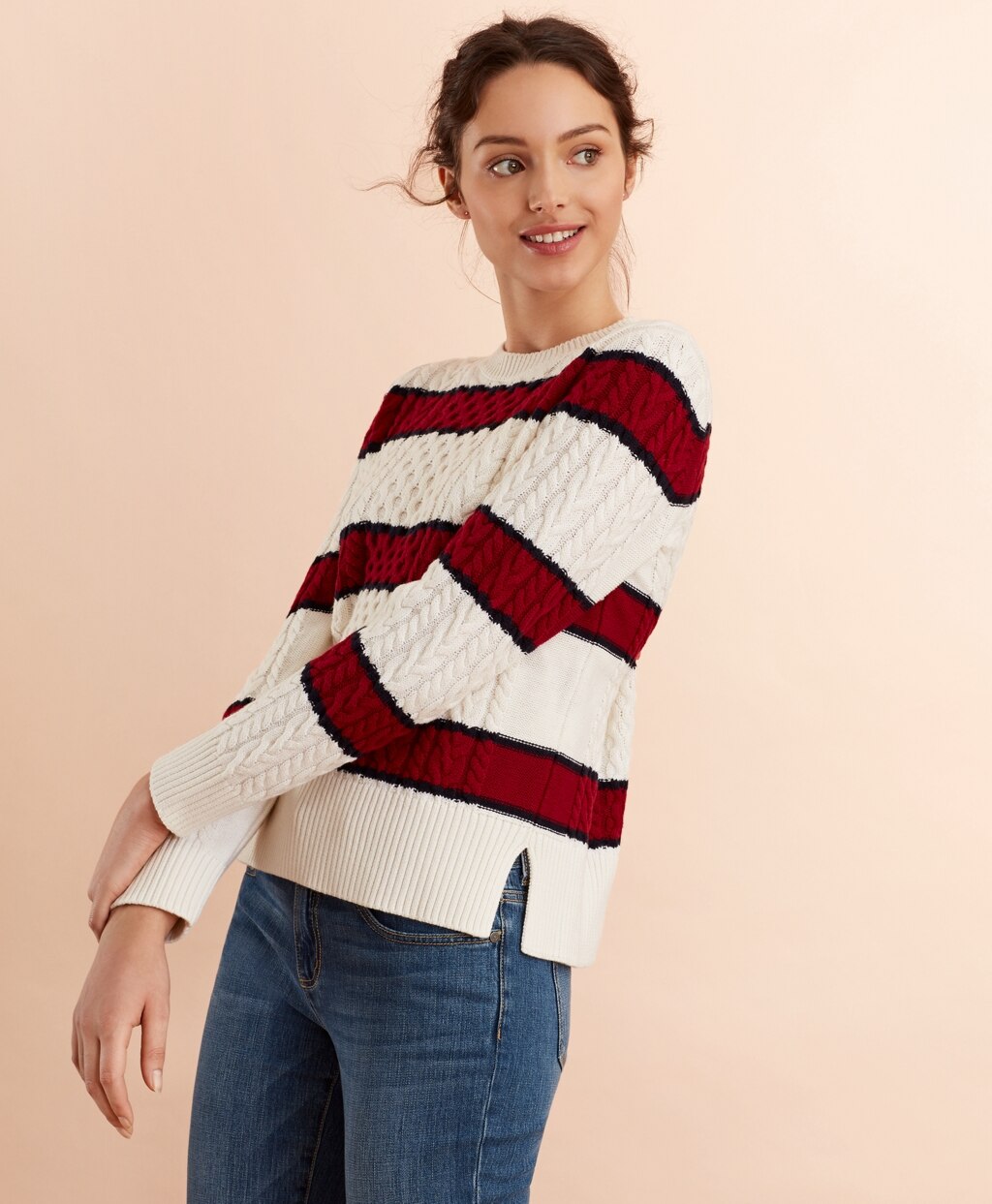 Brooks Brothers Women Striped Wool-Cotton Cable-Knit Sweater