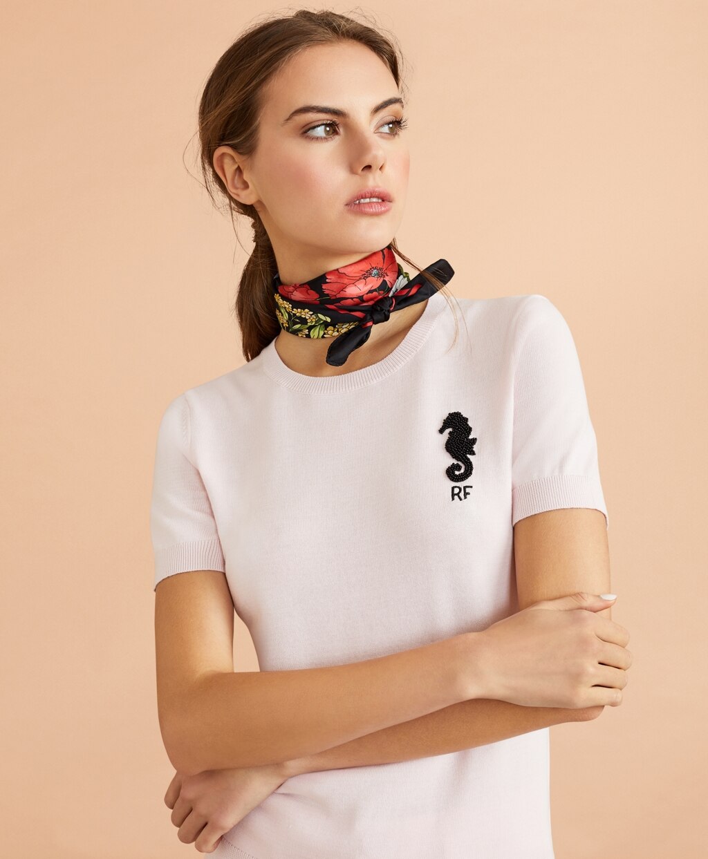 Brooks Brothers Women Beaded Seahorse Short-Sleeve Cotton Sweater