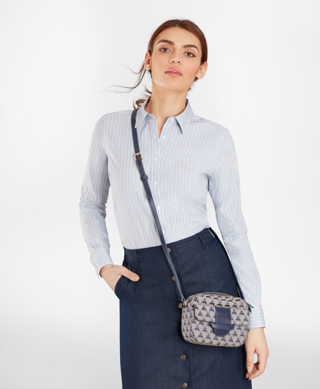 Brooks Brothers Women Leather-Trimmed Logo Jacquard  Crossbody Bag
