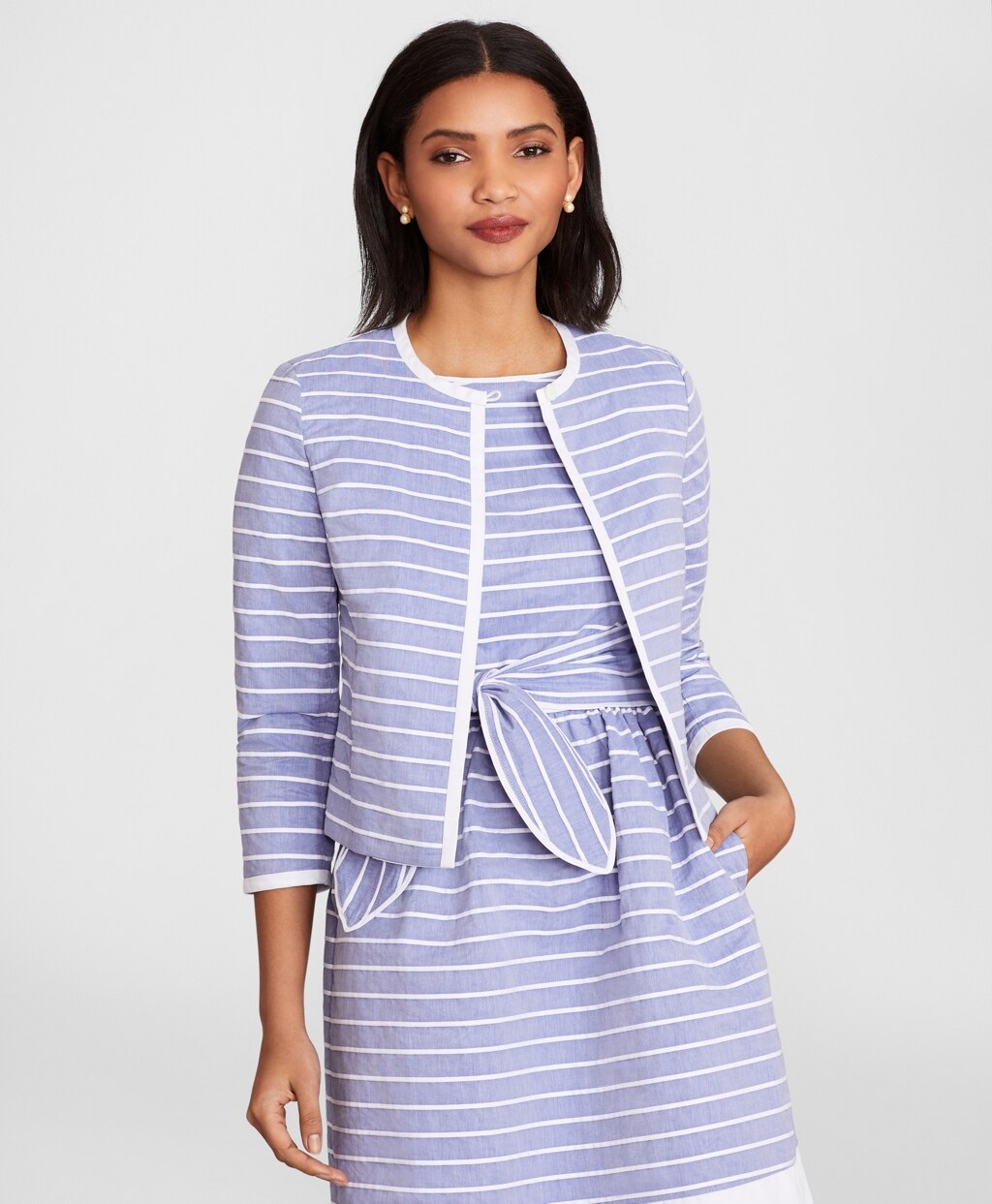 Brooks Brothers Women Striped Cotton Dobby Cropped Jacket