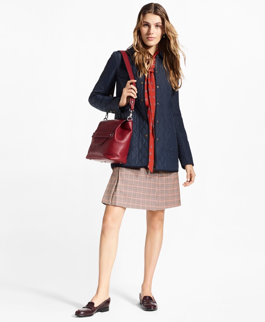 Brooks Brothers Women Houndstooth-Checked Stretch-Wool Pleated Skirt
