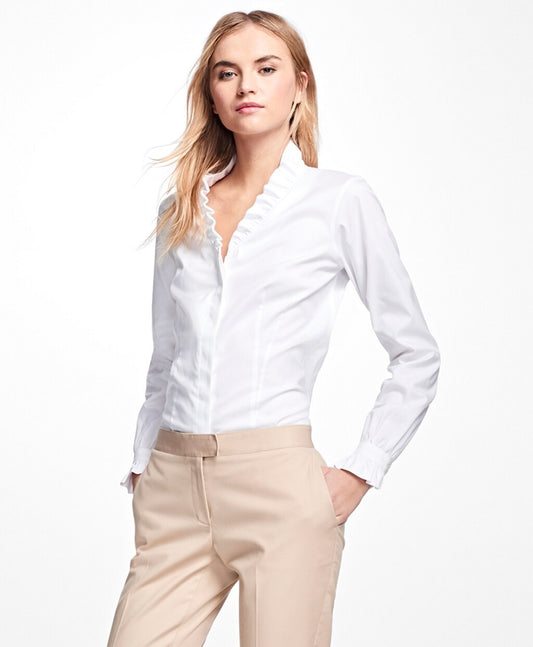 Brooks Brothers Women Non-Iron Ruffle Pinpoint Oxford Dress Shirt