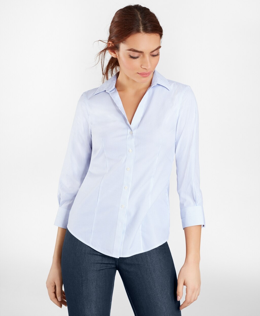Brooks Brothers Women Non-Iron Tailored-Fit Striped Three-Quarter-Sleeve Supima® Cotton Stretch Shirt