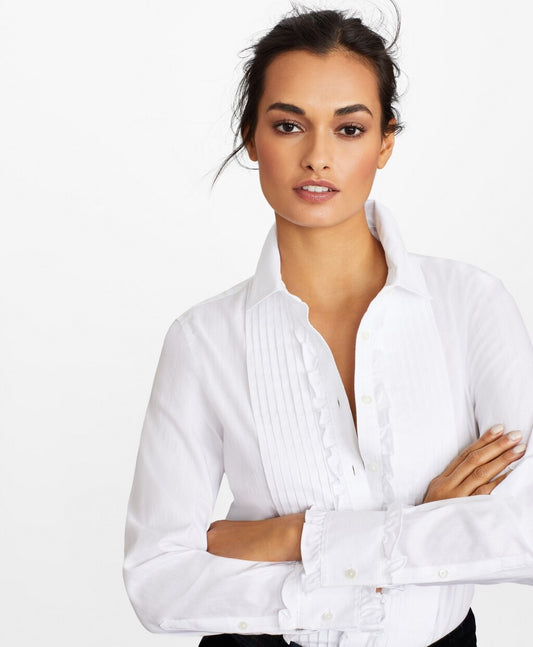 Brooks Brothers Women Non-Iron Tailored Fit Cotton Dobby Ruffled Tuxedo Shirt