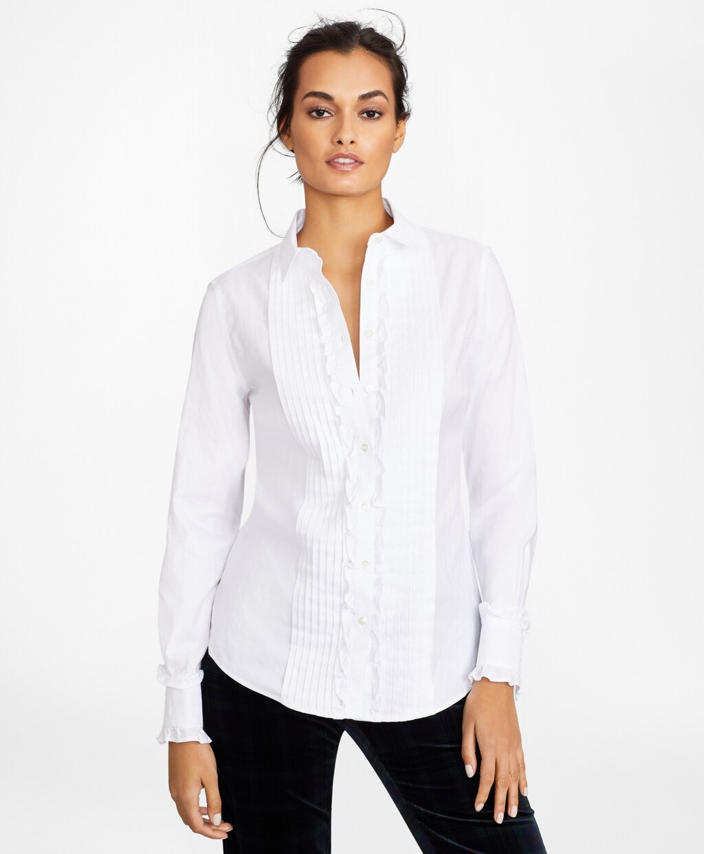 Brooks Brothers Women Non-Iron Tailored Fit Cotton Dobby Ruffled Tuxedo Shirt
