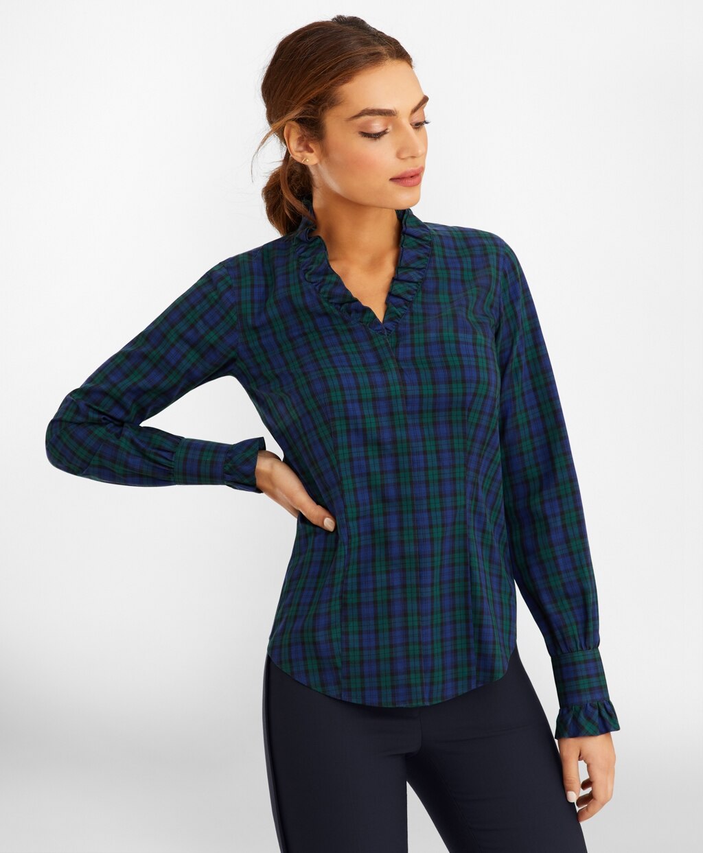 Brooks Brothers Women Non-Iron Black Watch Tartan Supima® Cotton-Blend Ruffle-Collar Blouse