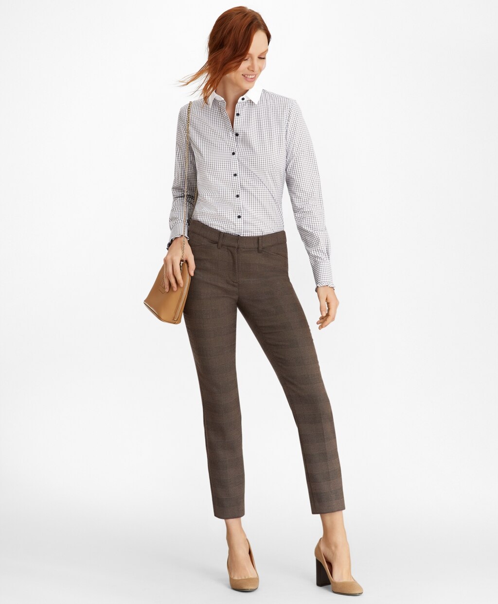 Brooks Brothers Women Non-Iron Gingham Supima® Cotton Dobby Contrast-Collar Fitted Shirt