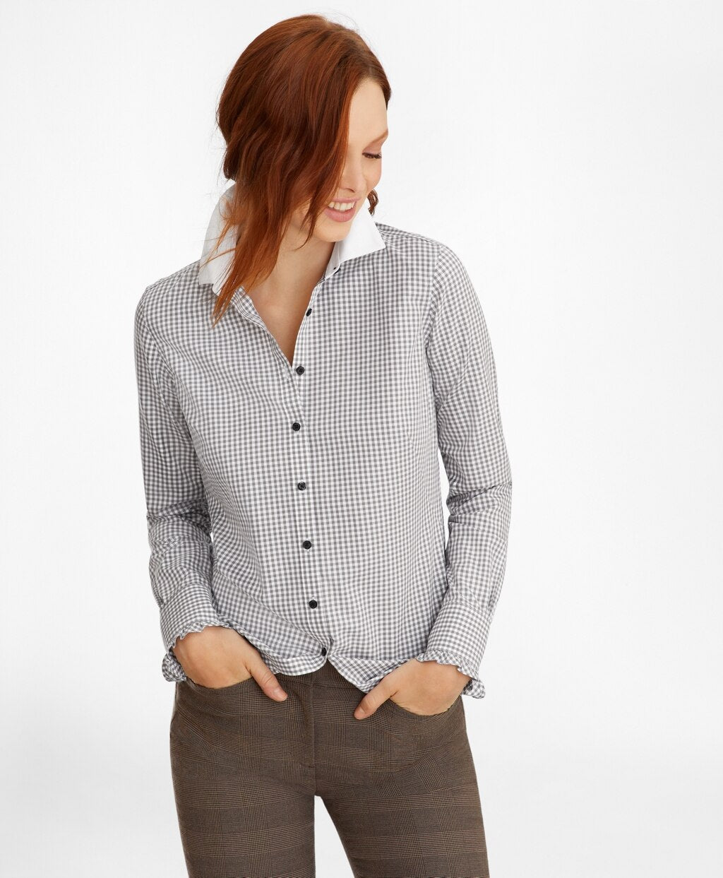 Brooks Brothers Women Non-Iron Gingham Supima® Cotton Dobby Contrast-Collar Fitted Shirt
