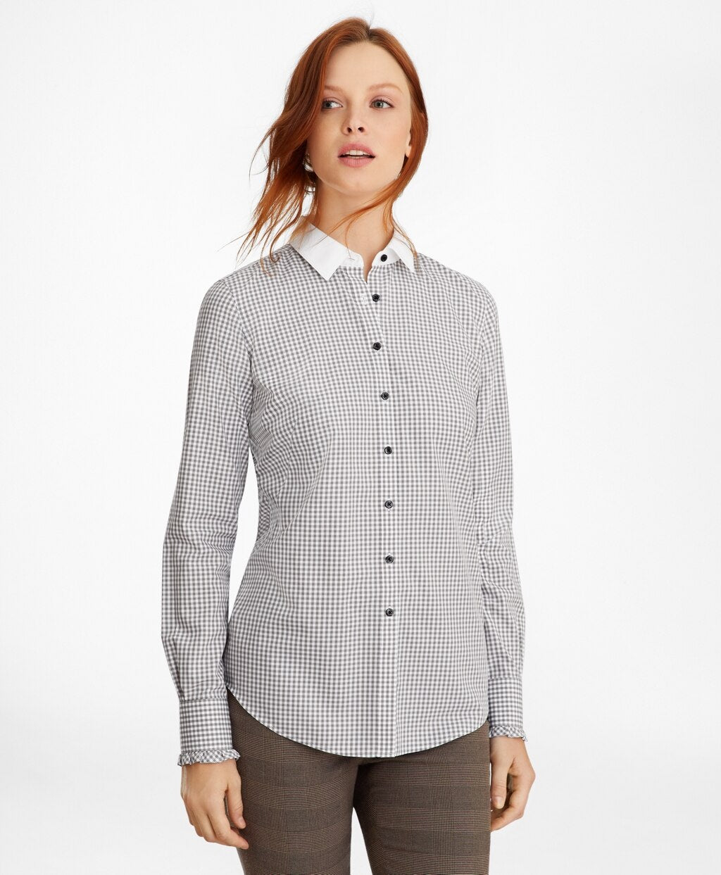 Brooks Brothers Women Non-Iron Gingham Supima® Cotton Dobby Contrast-Collar Fitted Shirt