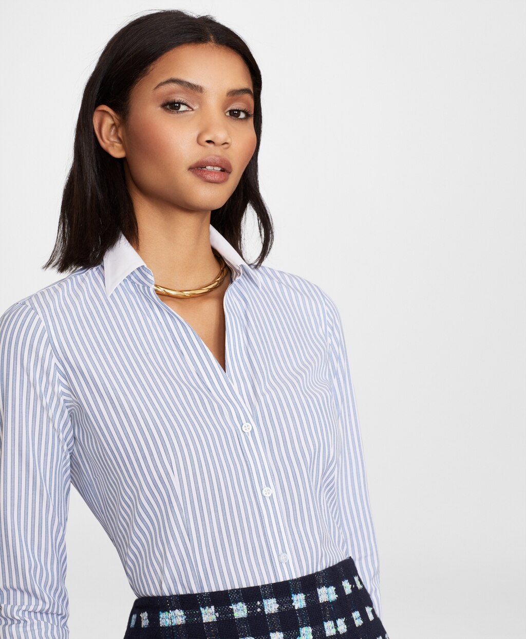 Brooks Brothers Women Non-Iron Striped Supima® Cotton Poplin Contrast-Collar Fitted Shirt