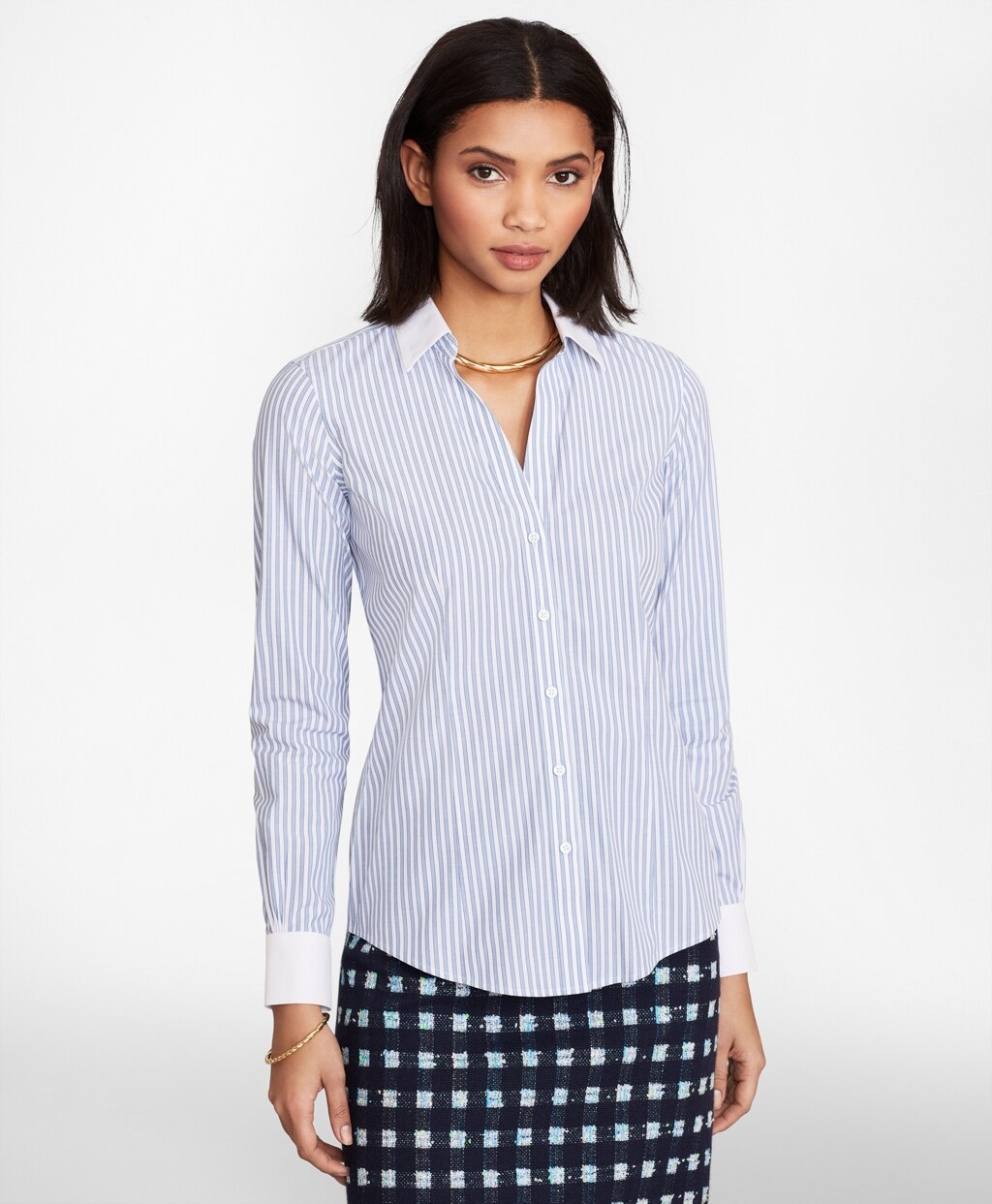 Brooks Brothers Women Non-Iron Striped Supima® Cotton Poplin Contrast-Collar Fitted Shirt