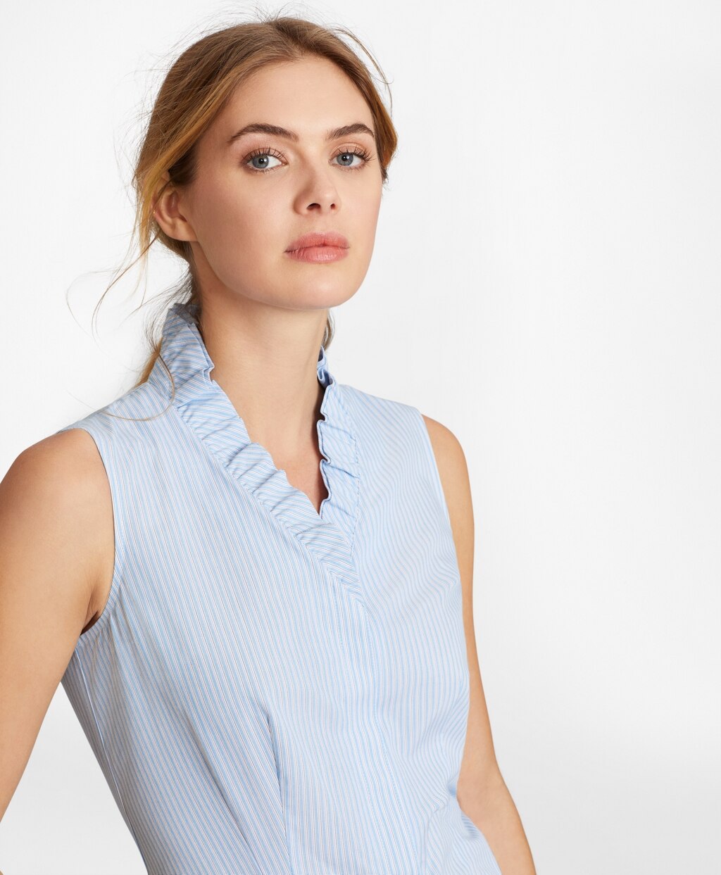 Brooks Brothers Women Non-Iron Striped Supima® Cotton Ruffle-Collar Sleeveless Blouse