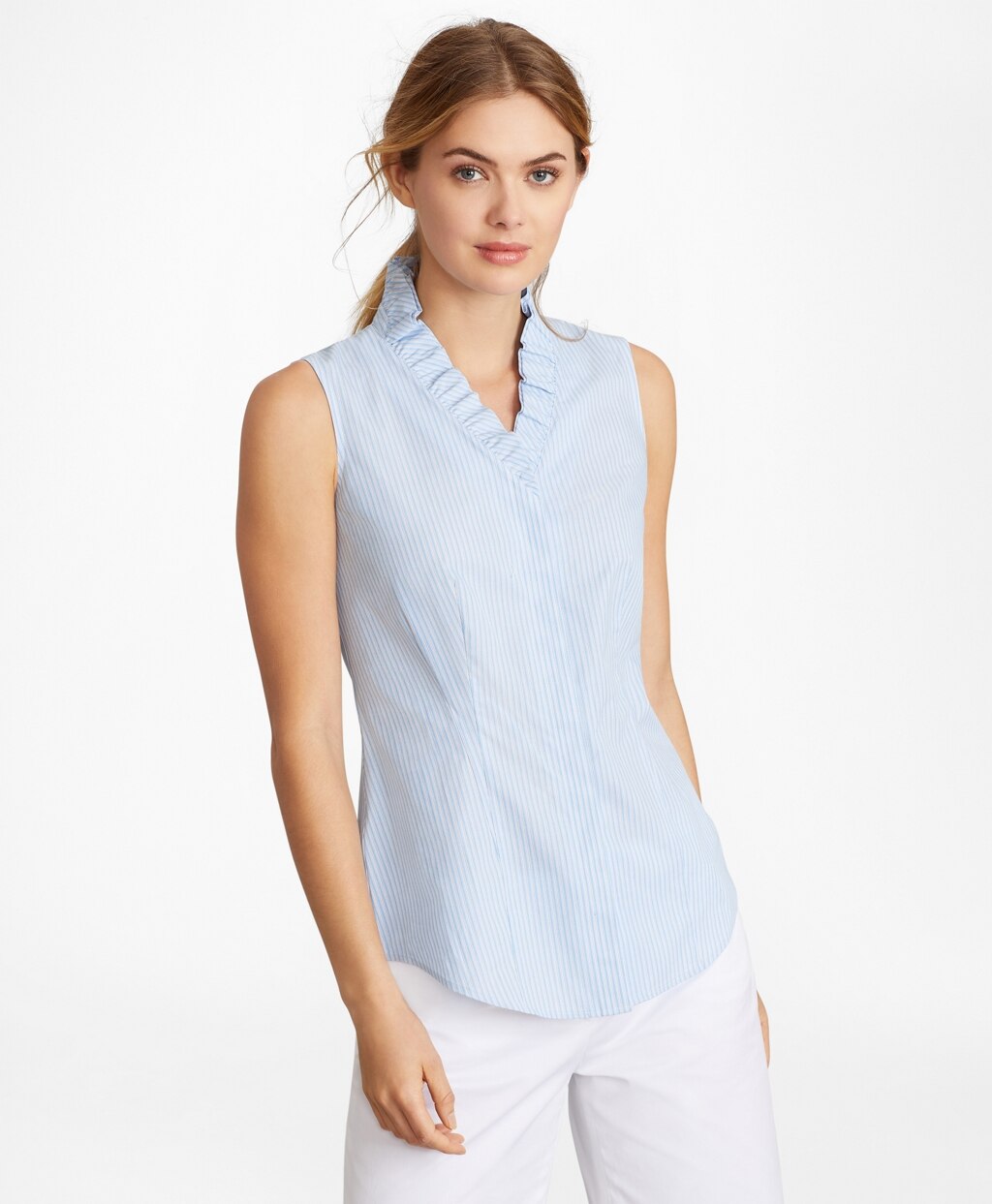 Brooks Brothers Women Non-Iron Striped Supima® Cotton Ruffle-Collar Sleeveless Blouse